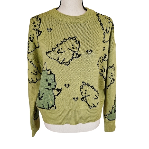Adorable Dino Knit Sweater Light Green, Medium - Picture 1 of 12
